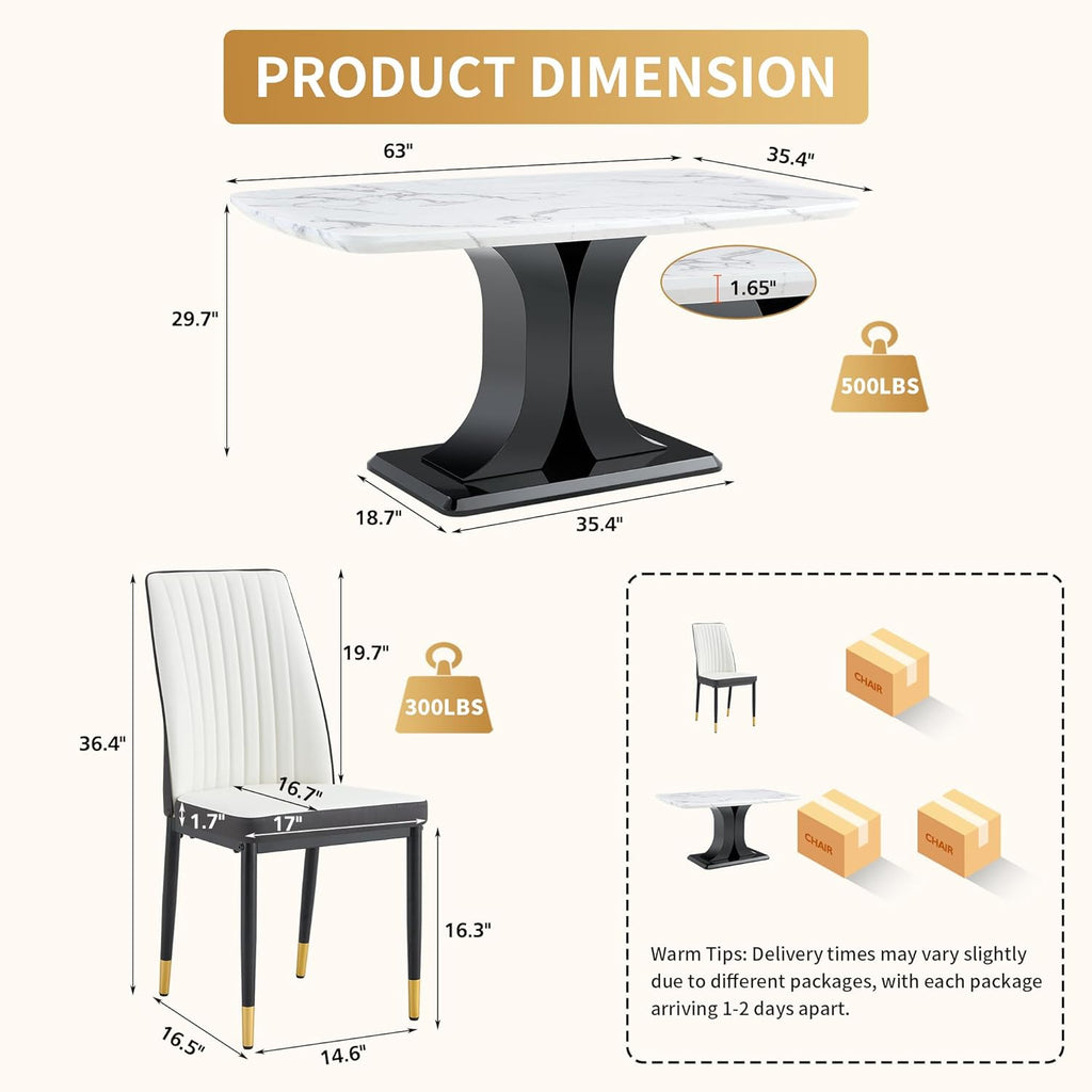 Modern Dining Table Set for 6, Marble Kitchen Table Chair Set for 6, Rectangular Kitchen Table with 6 Pu Leather Upholstered Chair for Dining Room