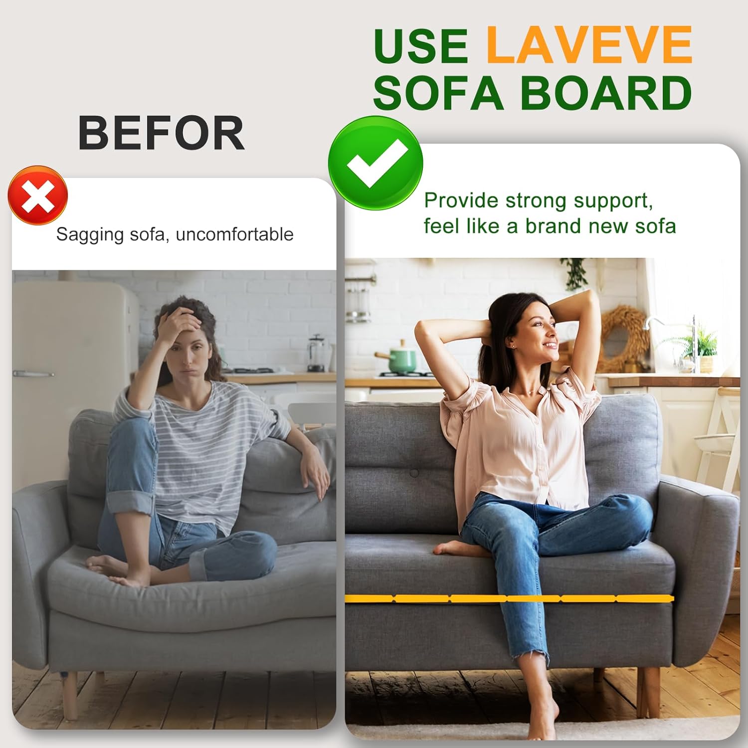 LAVEVE Heavy Duty Couch Cushion Support Board for Sagging Sofa, 21.5''x54'' | Extra Thick Solid Wood Under Couch Insert with Anti-Slip Dots, Repair Sagging Spring Loveseat and Replace Worn Cushions