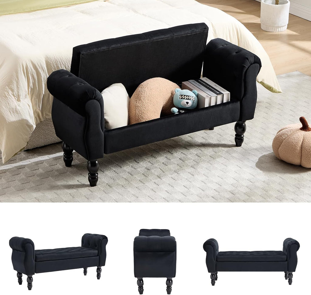 48'' Storage Bench for End of Bed, Modern Bedroom Bench with Arms Upholstered Velvet Lift-top Entryway Ottoman with Storage, Button Tufted Window Bench for Living Room, Reception, Black