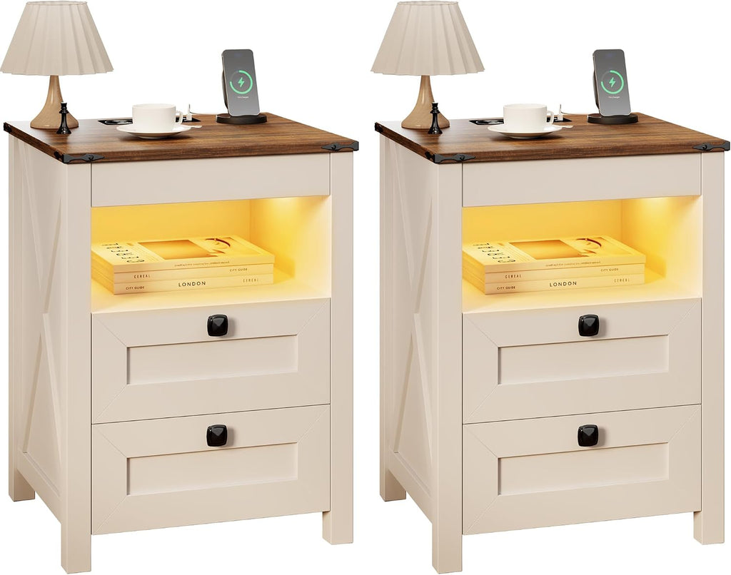 HWB LED Nightstand Set of 2 with Gun Drawer: Bedside Table with Charging Station for Bedroom Furniture – Farmhouse Night Stand with 3 Colors Smart Human Sensor Lights for Living Room End Table, White