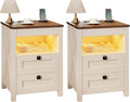 HWB LED Nightstand Set of 2 with Gun Drawer: Bedside Table with Charging Station for Bedroom Furniture – Farmhouse Night Stand with 3 Colors Smart Human Sensor Lights for Living Room End Table, White