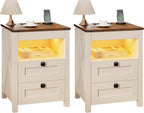 HWB LED Nightstand Set of 2 with Gun Drawer: Bedside Table with Charging Station for Bedroom Furniture – Farmhouse Night Stand with 3 Colors Smart Human Sensor Lights for Living Room End Table, White