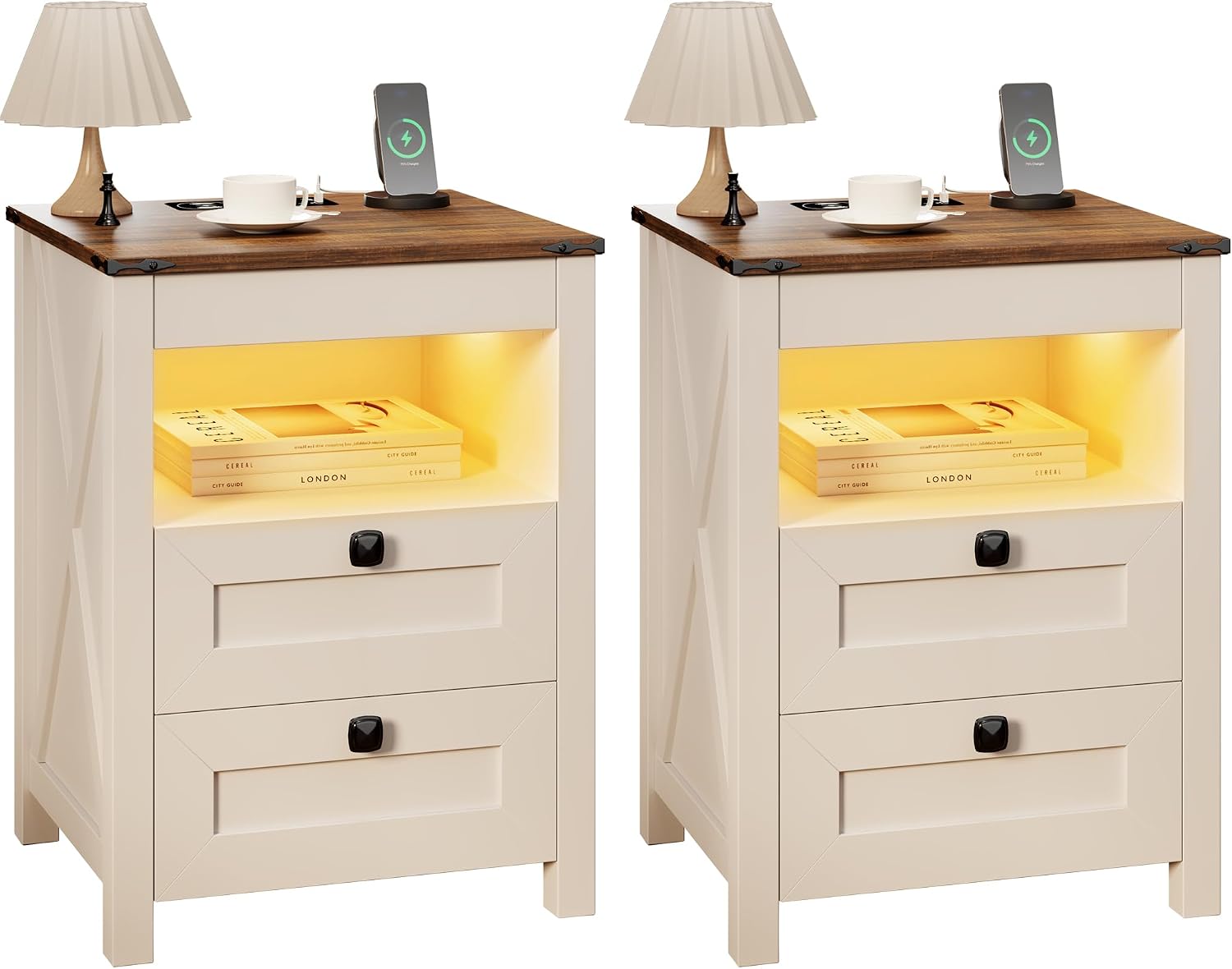 HWB LED Nightstand Set of 2 with Gun Drawer: Bedside Table with Charging Station for Bedroom Furniture – Farmhouse Night Stand with 3 Colors Smart Human Sensor Lights for Living Room End Table, White