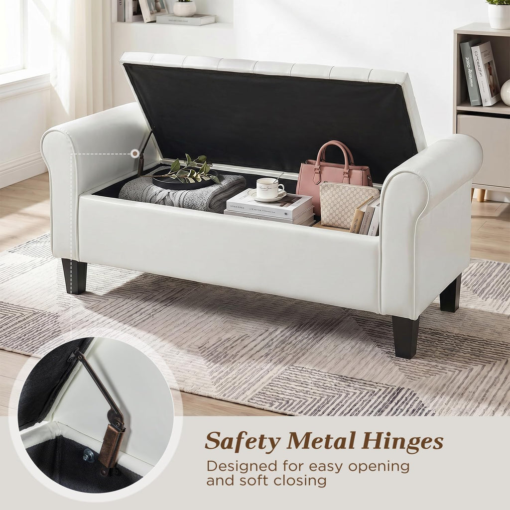 ECOTOUGE 55" Storage Ottoman Bench for Living Room, End of Bed Bench with Rolled Arm Leather Ottoman with Storage Upholstered Entryway Bench Retro Style Footboard Bench for Bedroom, Cream White