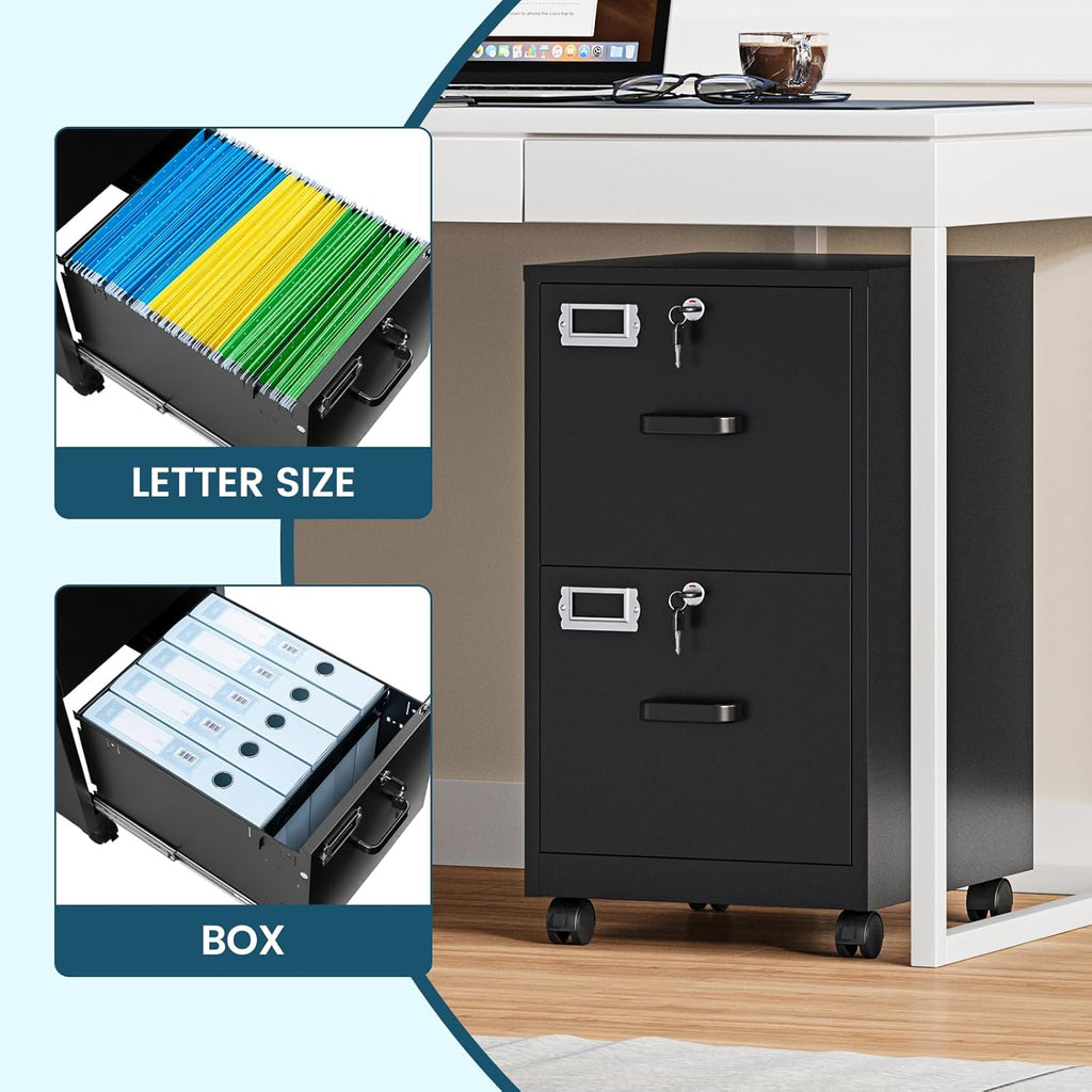 MIIIKO 2 Drawer File Cabinet with Lock, Vertical Metal Filing Cabinets for Home Office, Lockable Storage File Cabinets Under Desk, A4/Letter File Folders(Black)-Assembly Required