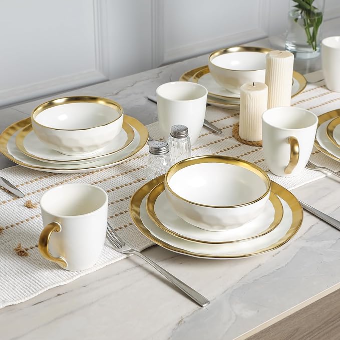 vicrays Ceramic Salad Bowls Set for Kitchen, Serving - 24 Ounce Soup Bowls, Pasta Bowls, Chip Resistant, Dishwasher Safe, NOT Microwave Safe, Fluted, Stoneware, Set of 6 (White with Golden)