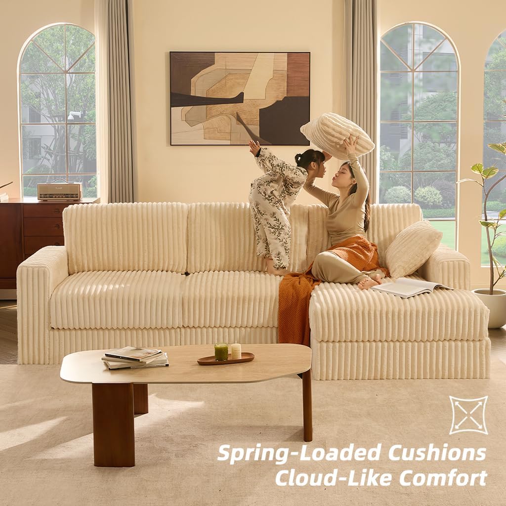 GOSUHI 113" L-Shaped Cloud Couch, Modular Sectional, Deep Seats, White | Pocket Spring Cushions, Oversized 3-Seater, Right Facing Chaise, Corduroy Upholstery Couches for Living Room