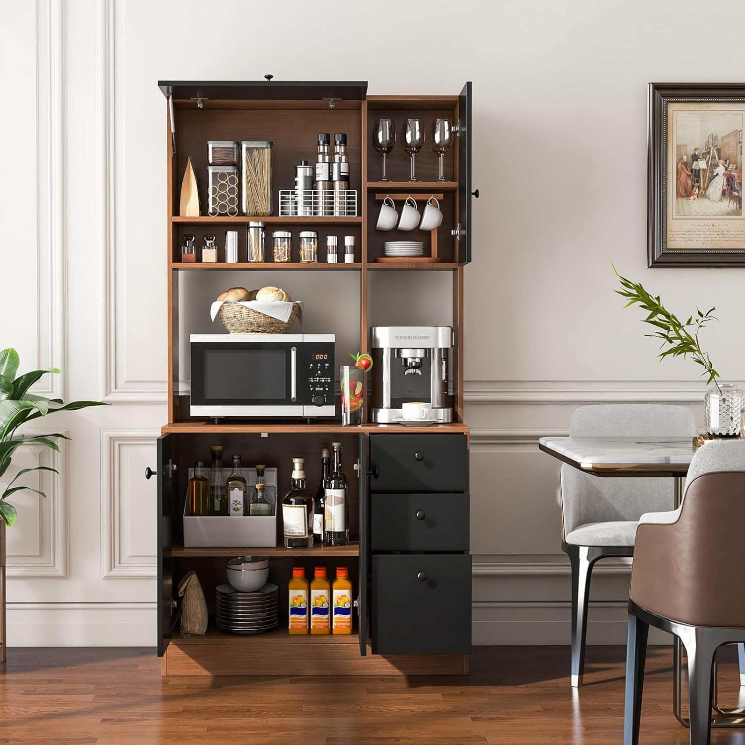 71" Large Kitchen Pantry Cabinet with Microwave Shelf, Wooden Tall Pantry Hutch with 3 Drawers, Adjustable Shelves, Farmhouse Kitchen Hutch Storage Cabinet for Dining Room (Walnut)