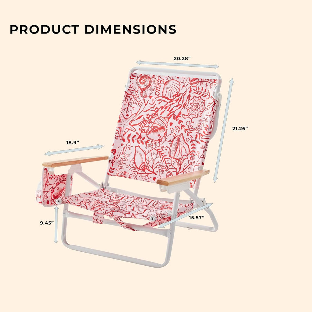 5-Position Low Beach Chair, Portable Lightweight Folding Beach Chair with Wooden Armrests, Storage Pouch & Carry Strap, Coastal Beach Print – Reef Crimson
