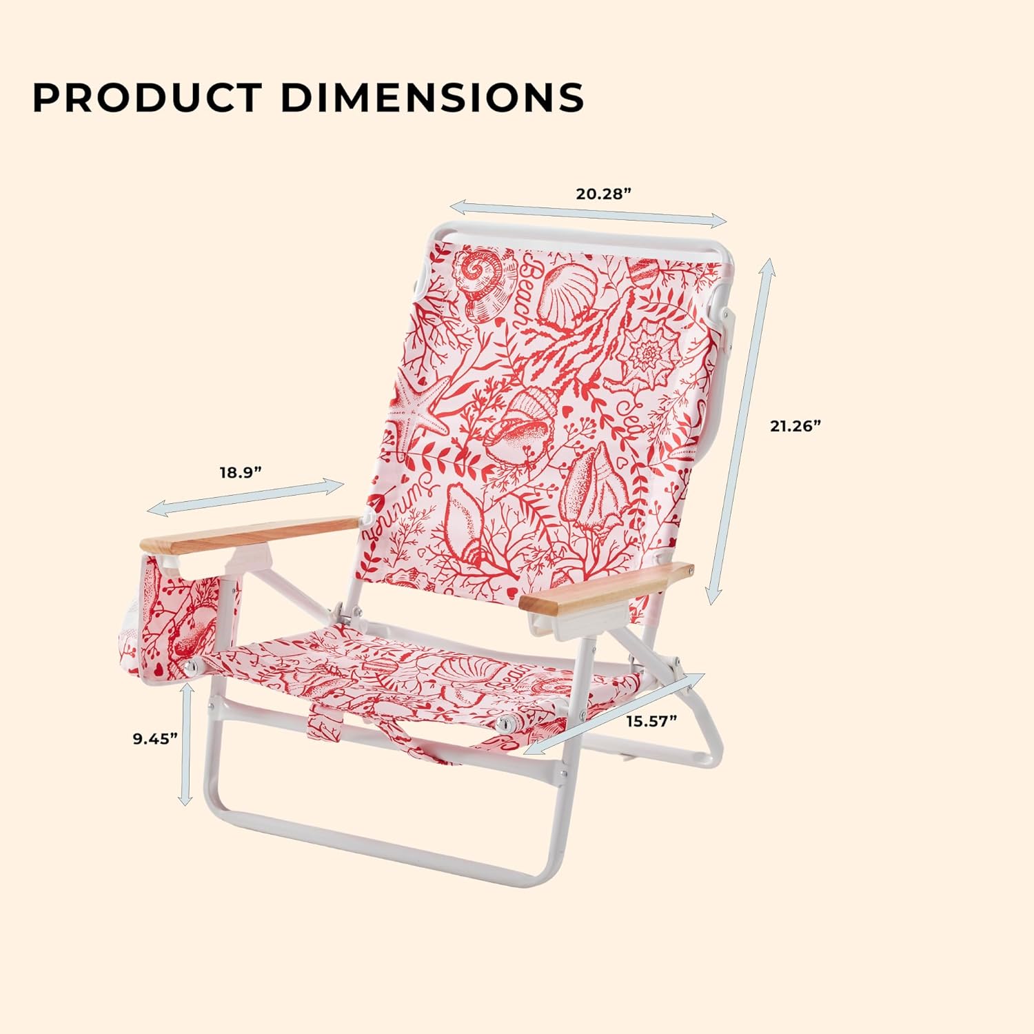 5-Position Low Beach Chair, Portable Lightweight Folding Beach Chair with Wooden Armrests, Storage Pouch & Carry Strap, Coastal Beach Print – Reef Crimson