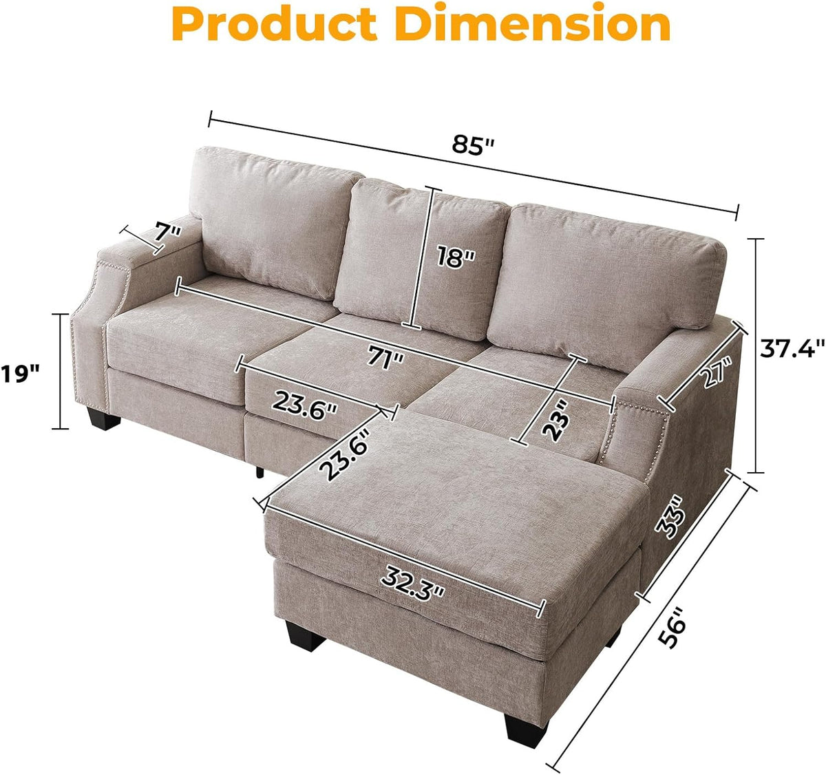 85" Sectional Sofa Couch with Storage Ottoman,L Shaped Couch with Armrest Organizer,3-Seater Sofa,Small Modular Couches for Living Room,Bedroom,Apartment,Chenille,Khaki