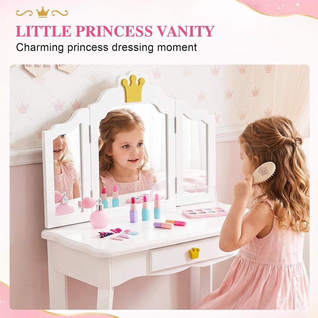 JOYMOR Kids Princess Vanity Table and Chair Set, Kids Vanity Set with Drawer & Tri-Folding Mirror, 2 in 1 Makeup Dressing Table with Detachable Top for Girls
