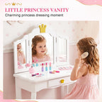 JOYMOR Kids Princess Vanity Table and Chair Set, Kids Vanity Set with Drawer & Tri-Folding Mirror, 2 in 1 Makeup Dressing Table with Detachable Top for Girls