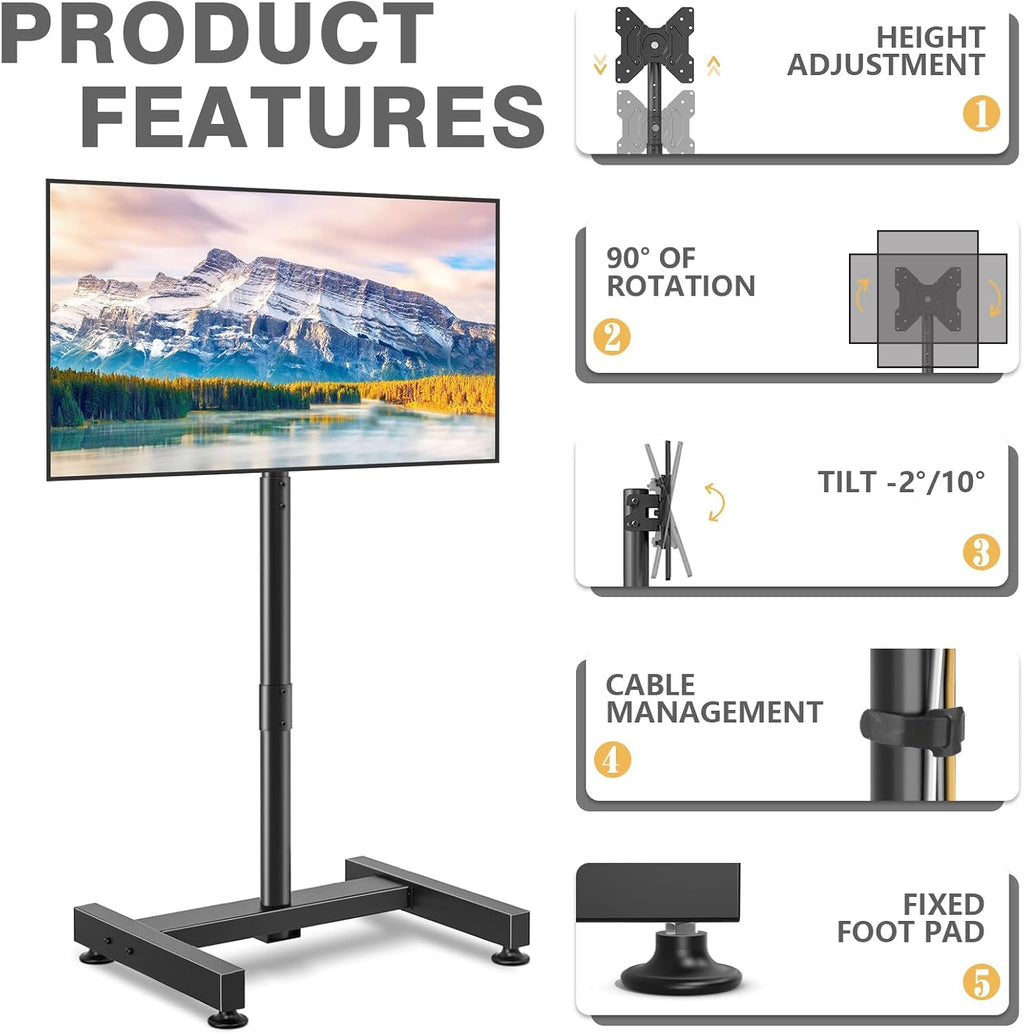 TVON TV Floor Stand for 13-50 inch LCD LED Flat/Curved Panel Screen TVs up to 44 lbs, Height Adjustable TV Stand Mount with VESA 200x200, Portable TV Stand for Bedroom, Dorm Room, Office | Tilting and Rotating Mount, Portrait to Landscape, Height