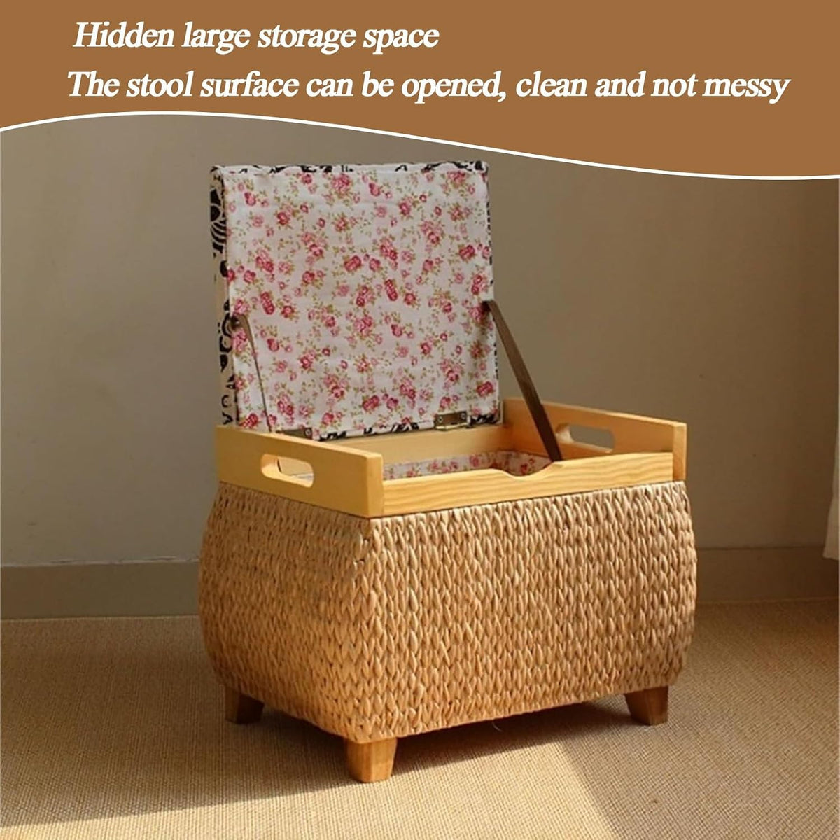 Ottoman with Storage Rattan Woven ，Bench with Padded Seat End of The Bed Entry Bench Footrest Stool for Hallway Living Room(Primary Color,40cm/15.7in)