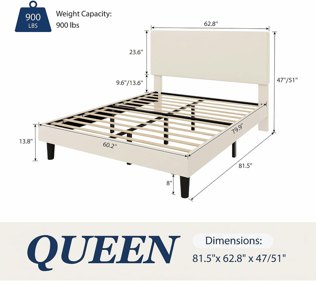 Allewie Queen Velvet Fabric Bed Frame, Adjustable Headboard, Cream White