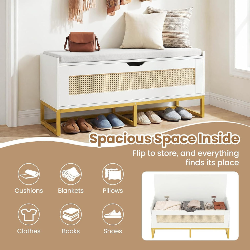 Giantex Rattan Shoe Bench, Flip-Top Entryway Bench with Removable Padded Seat & Hidden Storage, Wooden Shoe Storage Chest with Metal Legs for Bedroom, Hallway, 440 lbs Max Load (White & Gold)