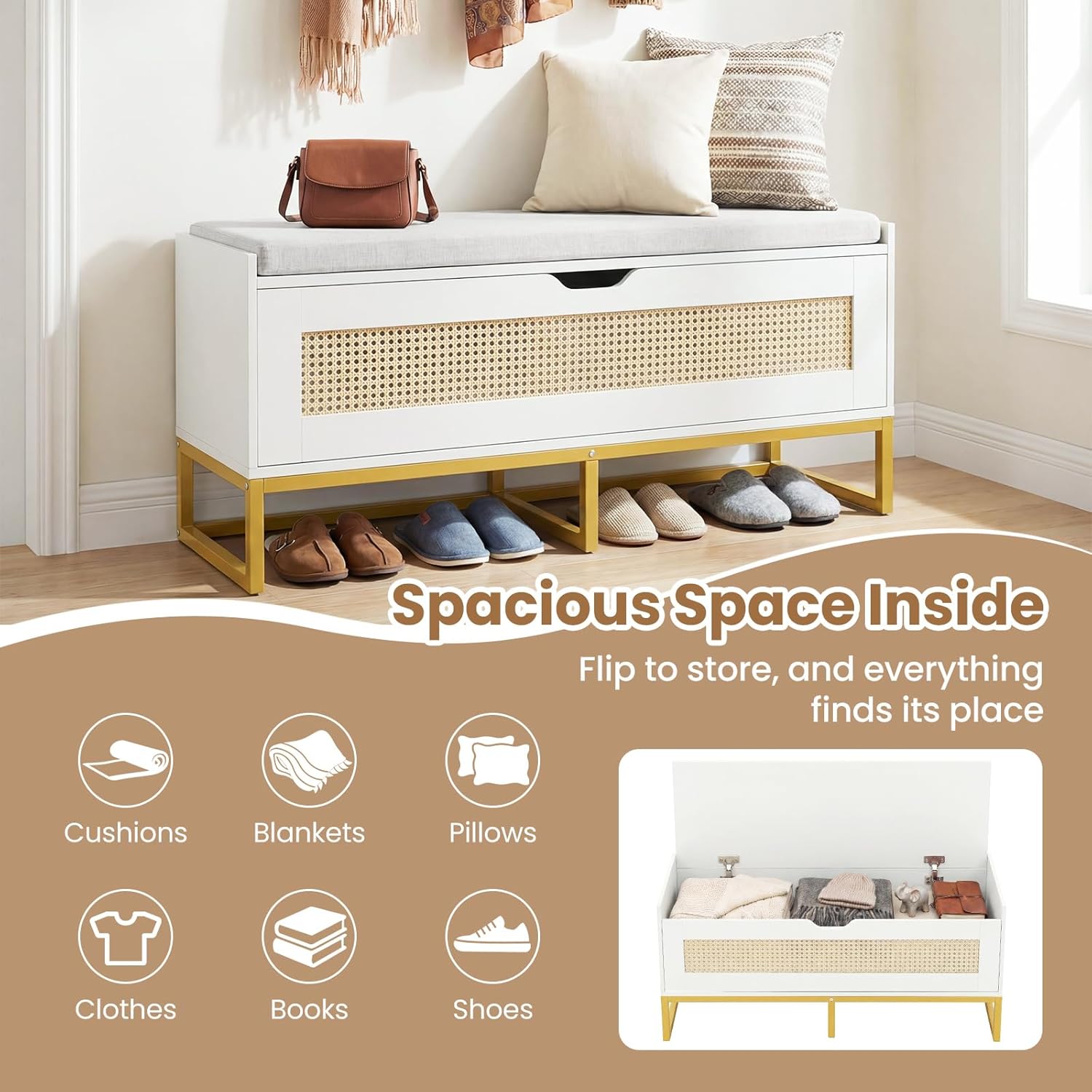 Giantex Rattan Shoe Bench, Flip-Top Entryway Bench with Removable Padded Seat & Hidden Storage, Wooden Shoe Storage Chest with Metal Legs for Bedroom, Hallway, 440 lbs Max Load (White & Gold)