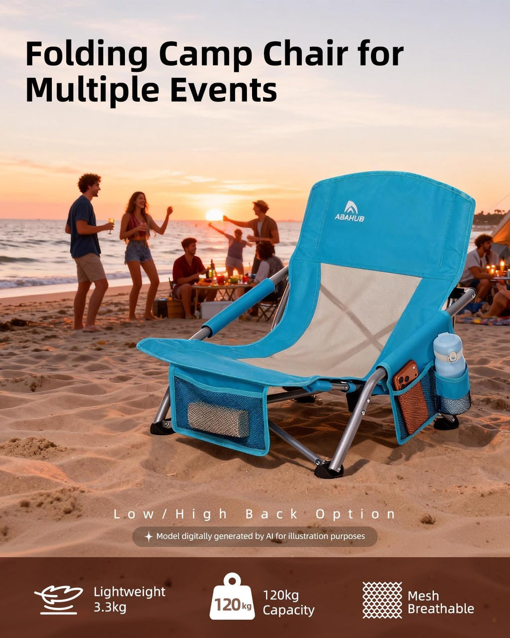 Abahub Beach Chair Low/High Back with Carry Bag Lightweight Comfortable Portable Outdoor Camping Chair Blue Low 1 Pack