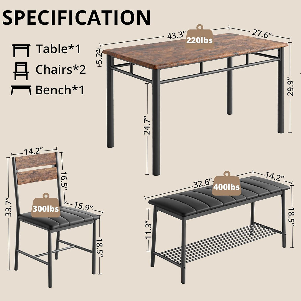 IRONCK Dining Table Set for 4, Kitchen Table and Chairs Set, Rustic Brown | Kitchen Table with Upholstered Bench and 2 Chairs for Small Space, Apartment