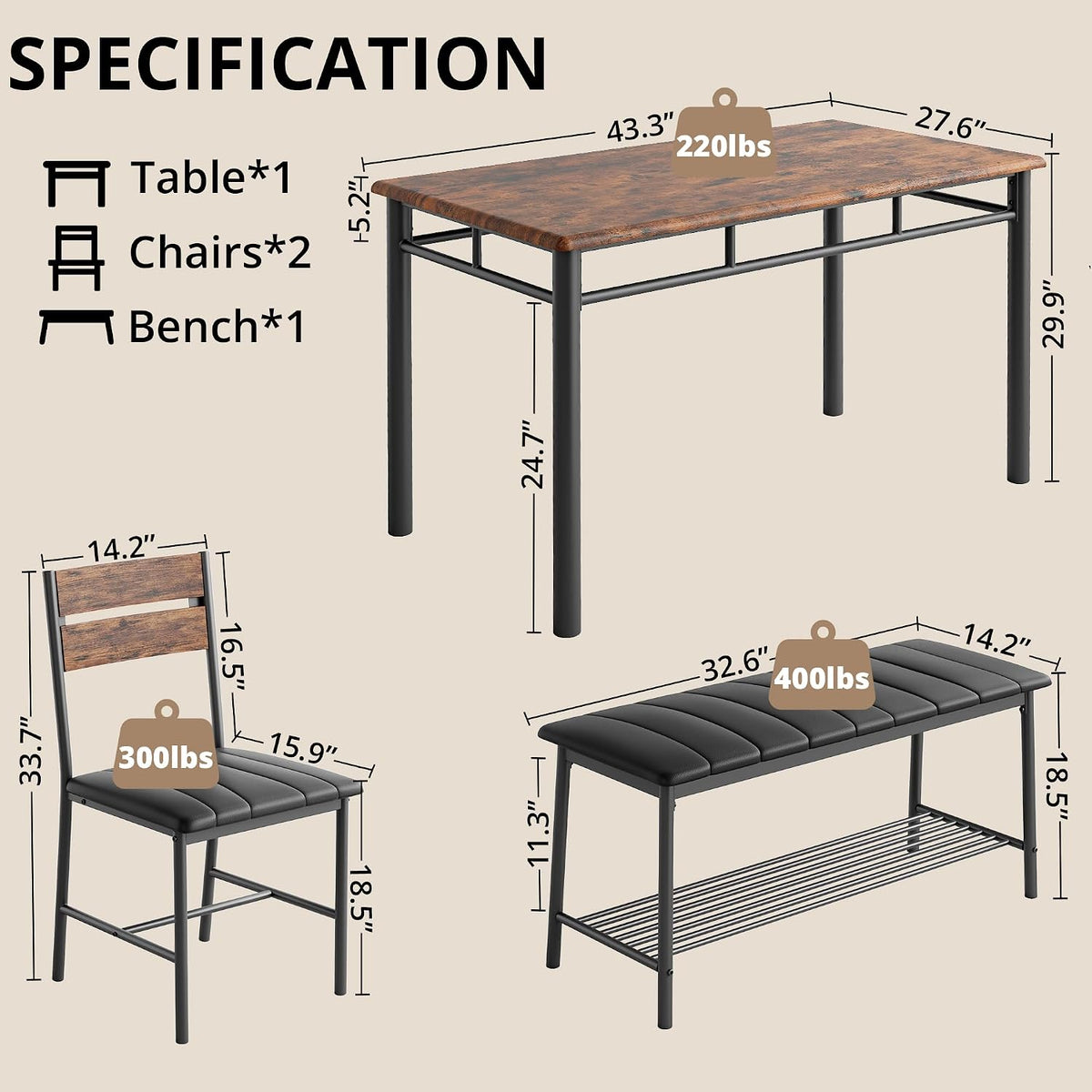 IRONCK Dining Table Set for 4, Kitchen Table and Chairs Set, Rustic Brown | Kitchen Table with Upholstered Bench and 2 Chairs for Small Space, Apartment