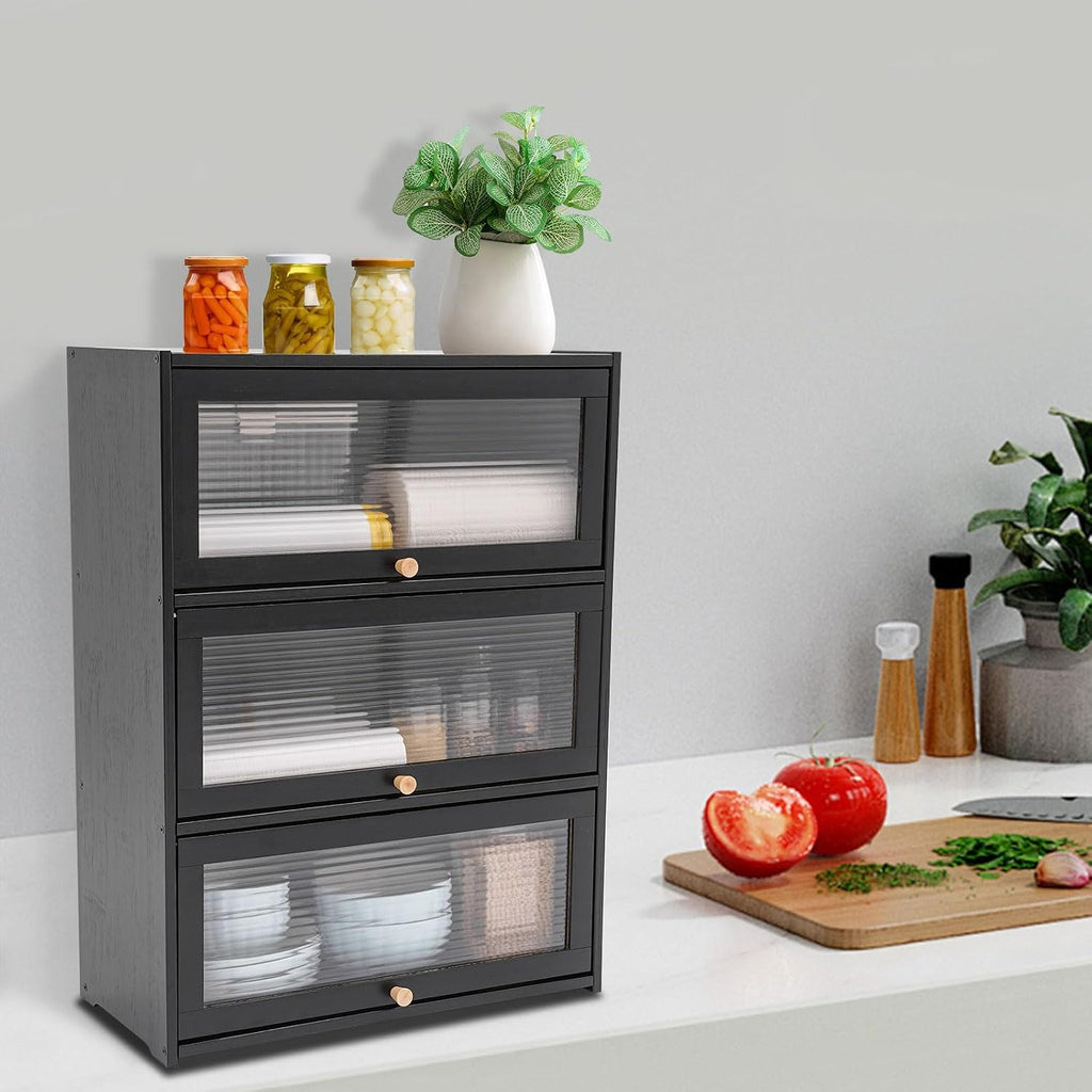 3 Tier Kitchen Pantry Storage Cabinet with with 2 Sliding Striped Glass Doors Console Dining Cupboard Modern Freestanding Bamboo Sideboard for Dining Room Kitchen Black (20.5x9.8x27.5inch)