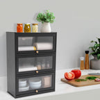 3 Tier Kitchen Pantry Storage Cabinet with with 2 Sliding Striped Glass Doors Console Dining Cupboard Modern Freestanding Bamboo Sideboard for Dining Room Kitchen Black (20.5x9.8x27.5inch)