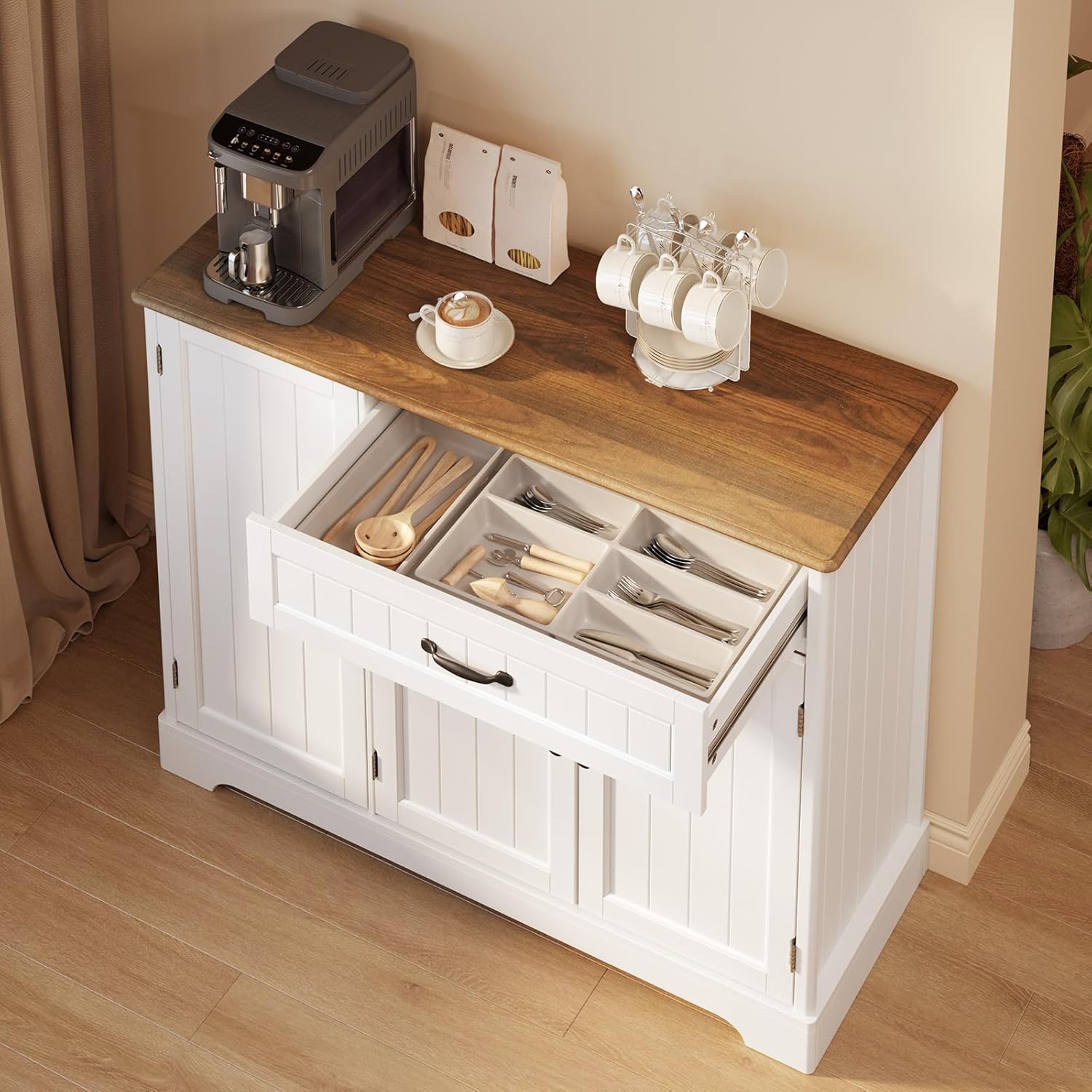 Kitchen Coffee Bar Cabinet with Storage, Sideboard Buffet with Drawers, Shelves and Door, Short Pantry Cabinet for Bathroom or Living Room, White Rustic