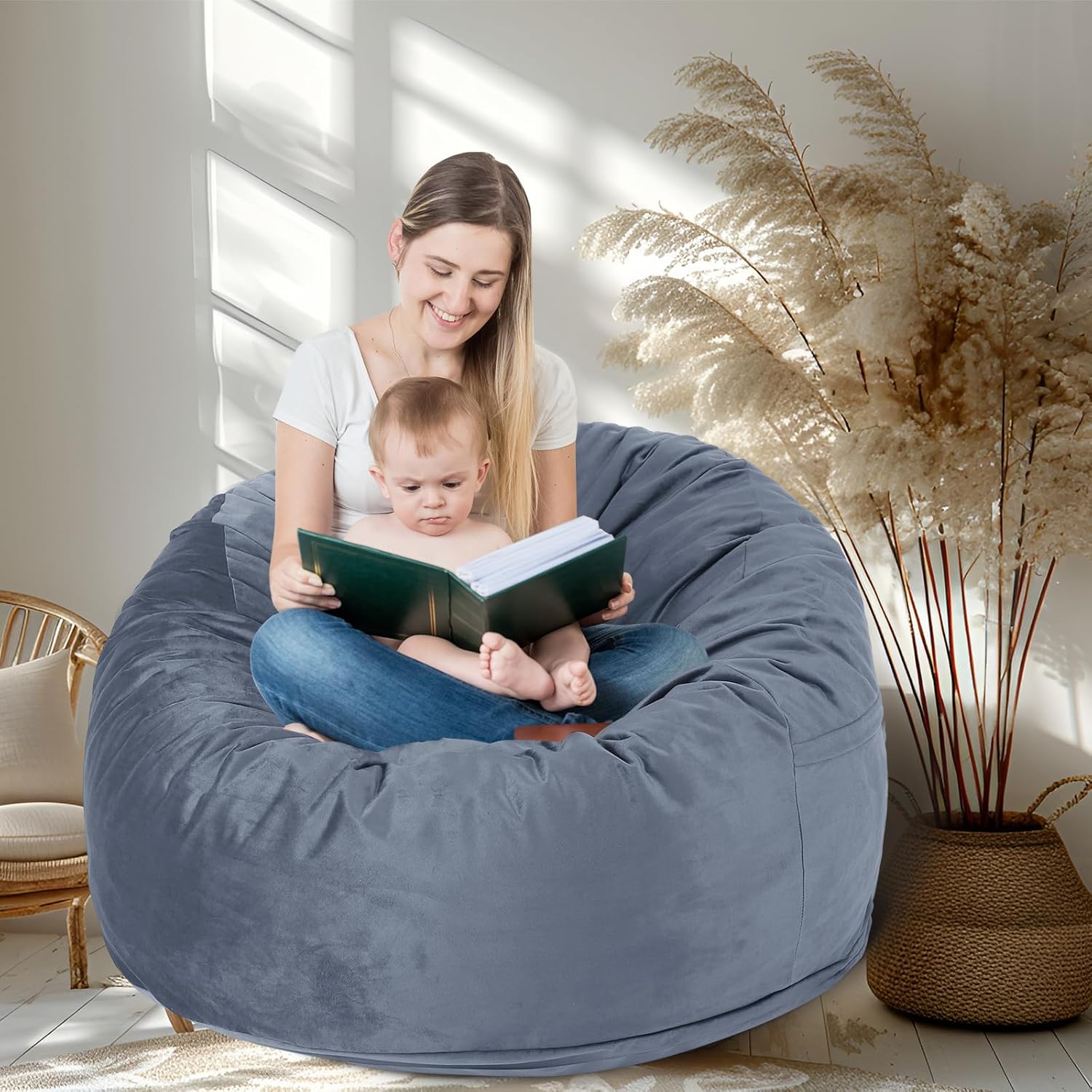 3 Feet Bean Bag Chair, Memory Foam Filled, Removable Cover, Bean Bag Chairs for Adults and Teens, Grey