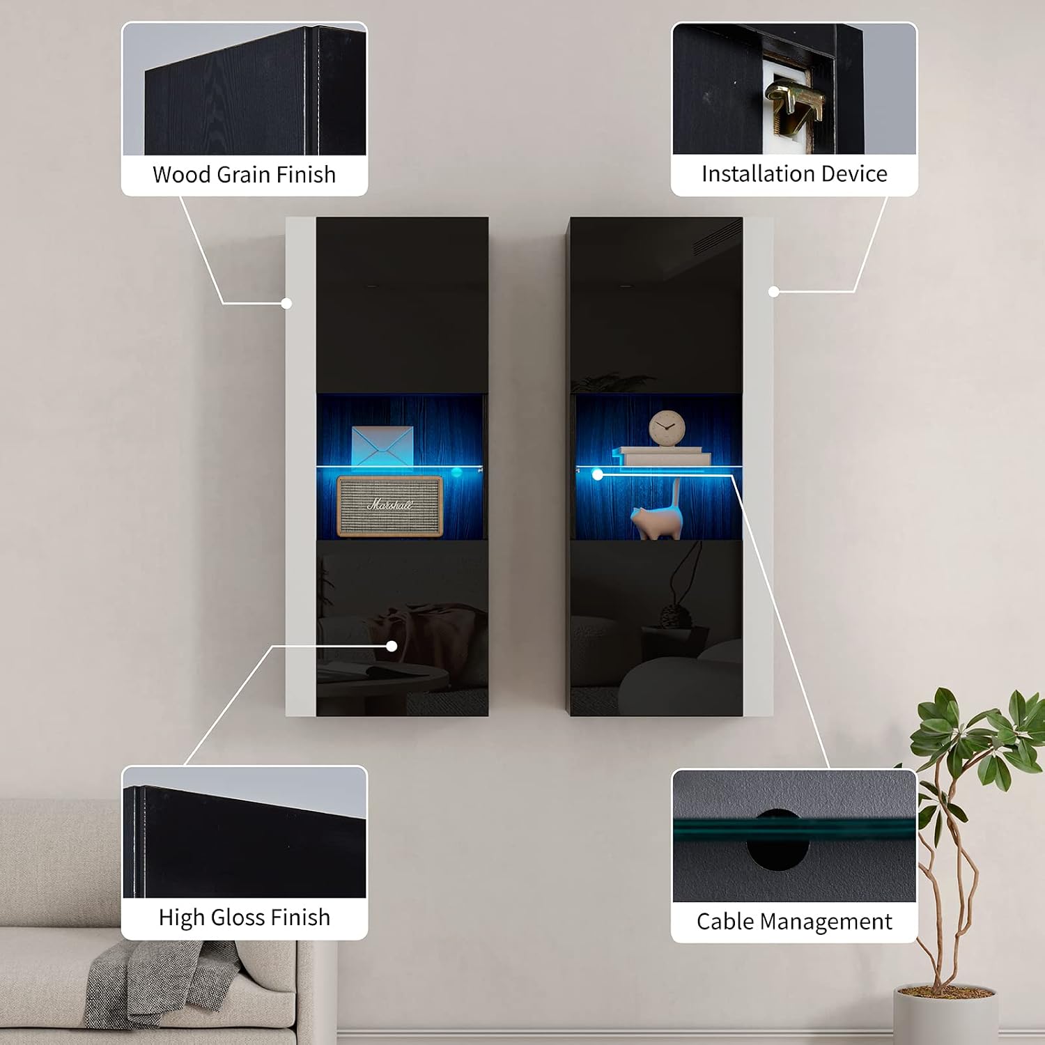 AMERLIFE Wall Unit Entertainment Center with 40" Electric Fireplace, Includes 80" Floating Fireplace TV Stand, 2 x Wall Cabinets, Modern LED Light Media Console Table for Living Room, Black