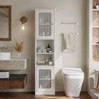 64" Tall Bathroom Cabinet, White Floor Standing Storage | Narrow unit with adjustable shelves & louvered doors, ideal for bathroom, laundry room, maximizing vertical space.