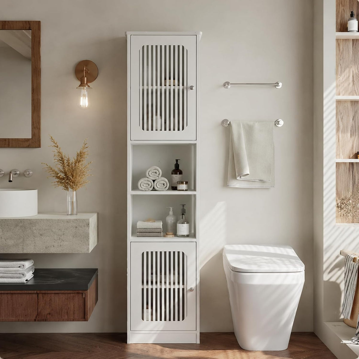 64" Tall Bathroom Cabinet, White Floor Standing Storage | Narrow unit with adjustable shelves & louvered doors, ideal for bathroom, laundry room, maximizing vertical space.