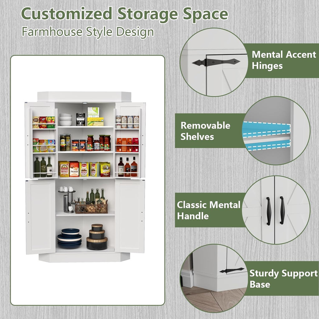 Gyfimoie Corner Cabinet,Kitchen Pantry Storage Cabinet,Freestanding Buffet Hutch with 4 Doors and Shelves,Tall Food Pantry Farmhouse Furniture with Side Rack for Kitchen Dining Room (White)