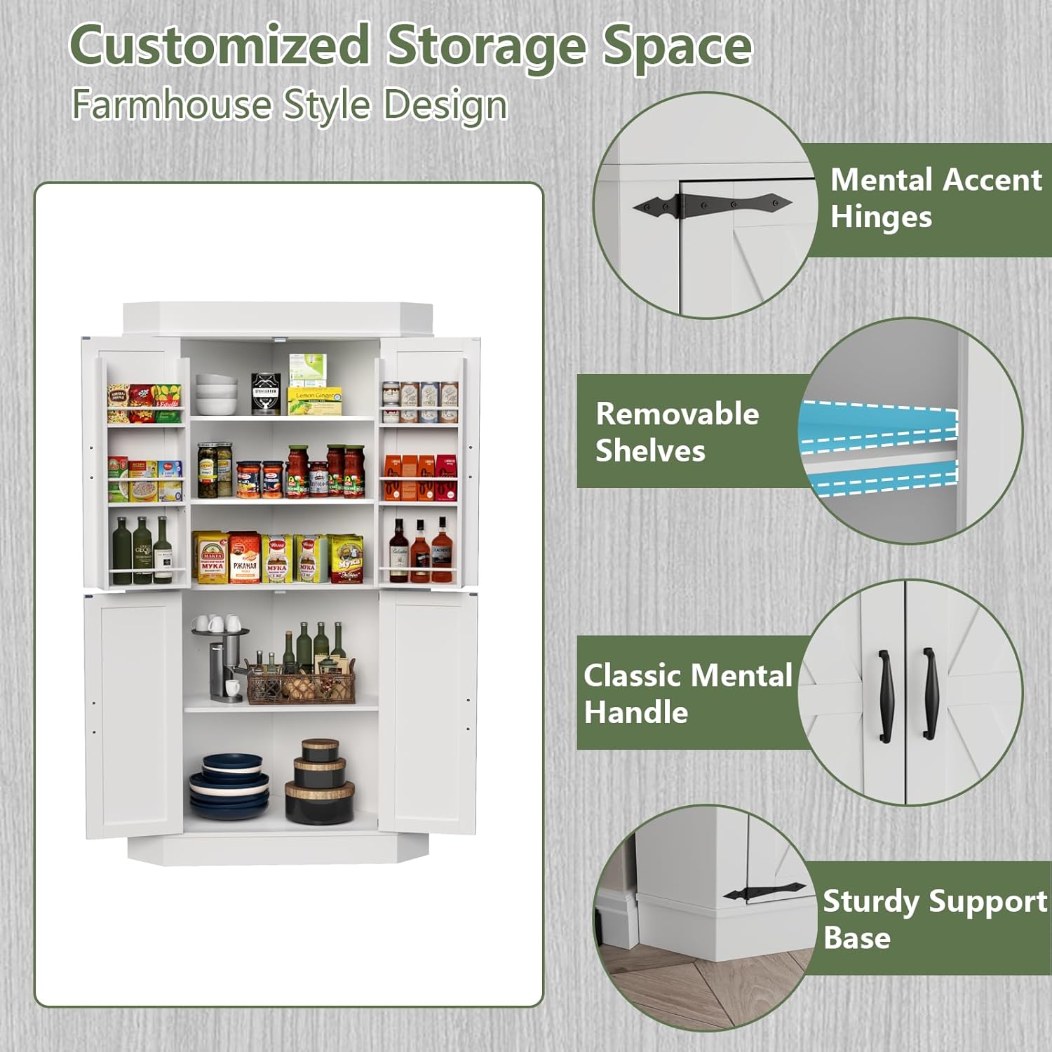 Gyfimoie Corner Cabinet,Kitchen Pantry Storage Cabinet,Freestanding Buffet Hutch with 4 Doors and Shelves,Tall Food Pantry Farmhouse Furniture with Side Rack for Kitchen Dining Room (White)