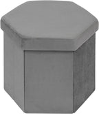 Hexagon Storage Ottoman, 15 Inch Foldable Footstool Charcoal Grey | Soft Velvet Upholstery, Hidden Storage, Compact Footrest, Small Accent Ottoman for Entryway, Living Room and Dorm