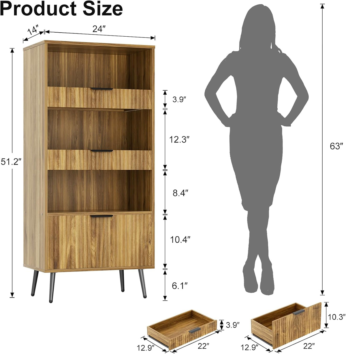 Bathroom Storage Cabinet Set of 2, 47.2" Wide 5-Tier Freestanding Pantry Cabinet with 6 Extra-Large Drawers & 2 Open Shelves, Fluted Floor Organizer Cupboard for Kitchen, Living Room, Yellow Oak