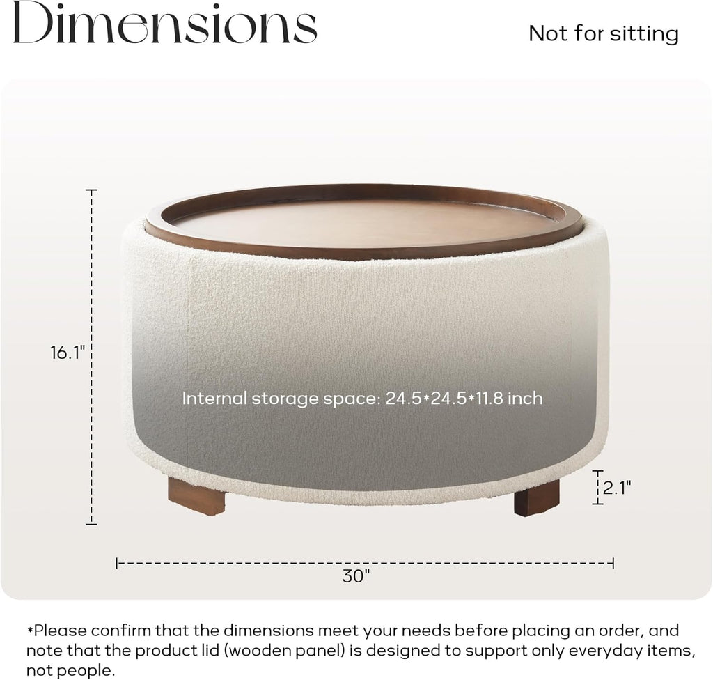 Zihanhome 30 Inch Round Storage Ottoman, Ottoman Coffee Table with Lift Off Lid, Boucle Modern Ottomans with Storage for Living Room, Bedroom, Apartments (Beige)