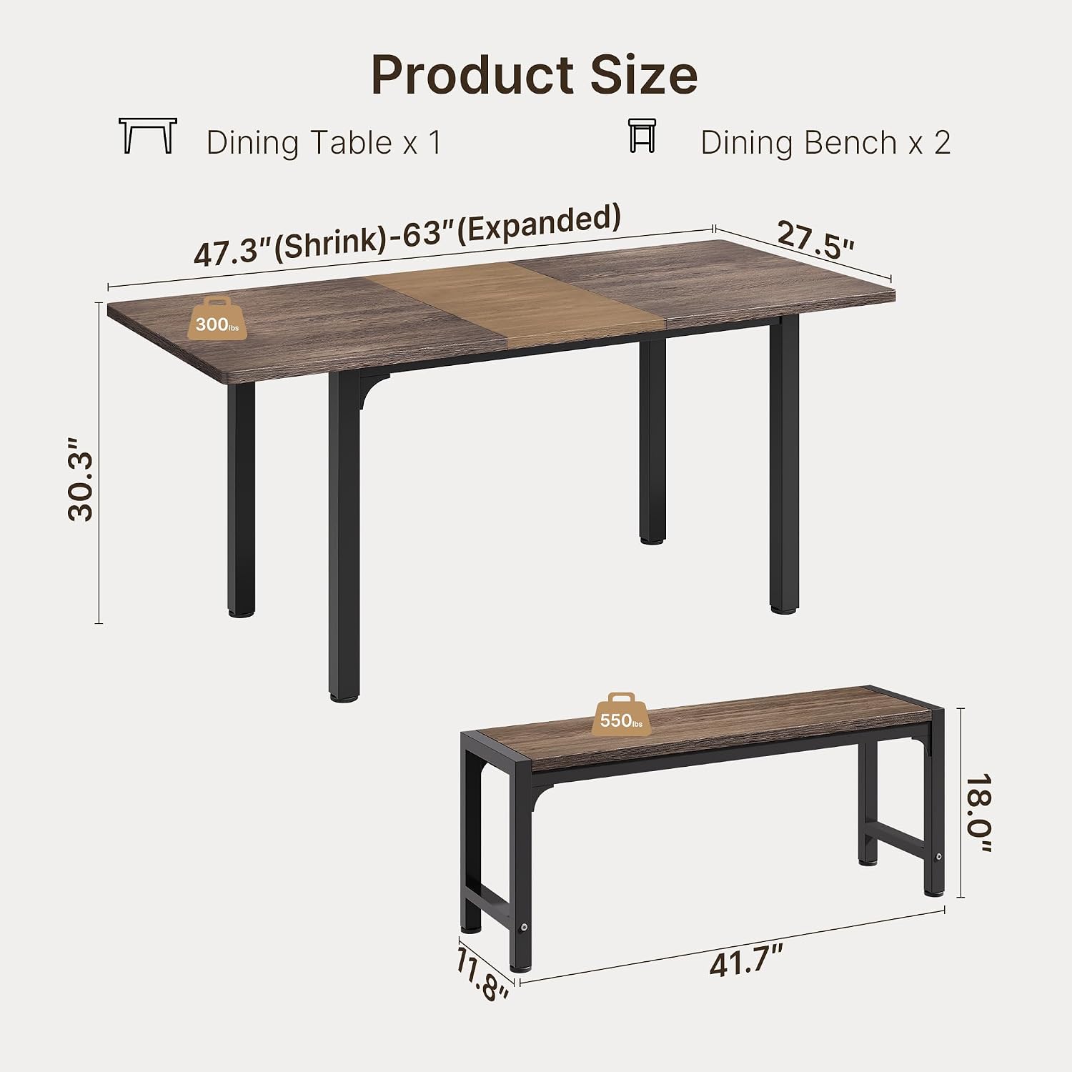Ahomly 63“ Extendable Dining Table Set with 180° Smart-Flip Pivot, Gray | Dining Table Set for 4,Kitchen Table with Bench,Small Dining Table,Perfect for Small Space,Dinner Room Table Set for 6