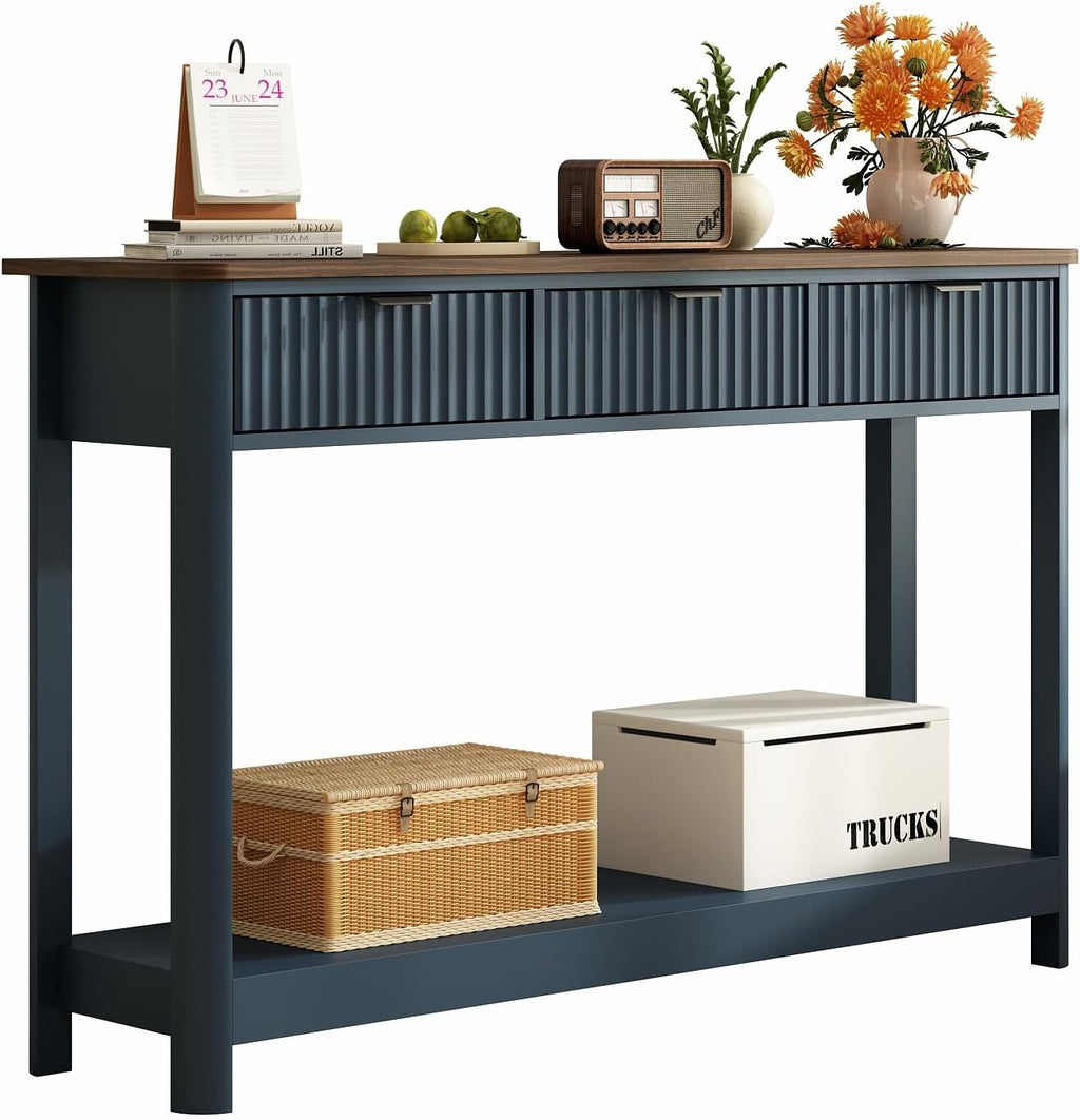 RUSTOWN Fluted Wood Console Table with 3 Drawers, 47.2" Modern Farmhouse Sofa Table & Entryway Table with Open Storage Shelf, Narrow Hallway Table for Living Room, Foyer and Hallway (Navy Blue)