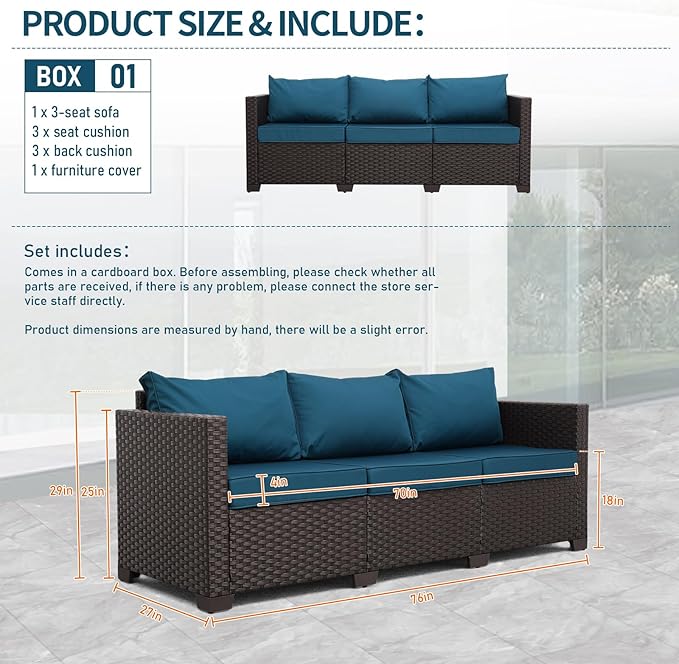 Outdoor Furniture Wicker Outdoor Couch Patio Furniture 3-seat Sofa Deep Seat Hight Backrest Non-Slip Cushions, Peacock Blue