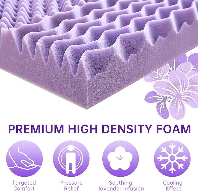 MUXHOMO 3.9 Inch 7-Zone King Mattress Topper, Egg Crate Foam Mattress Topper King Size for Back Pain, Lavender Cooling Gel Infused Bed Pad, CertiPUR-US and Oeko-TEX Certification (76"×80")