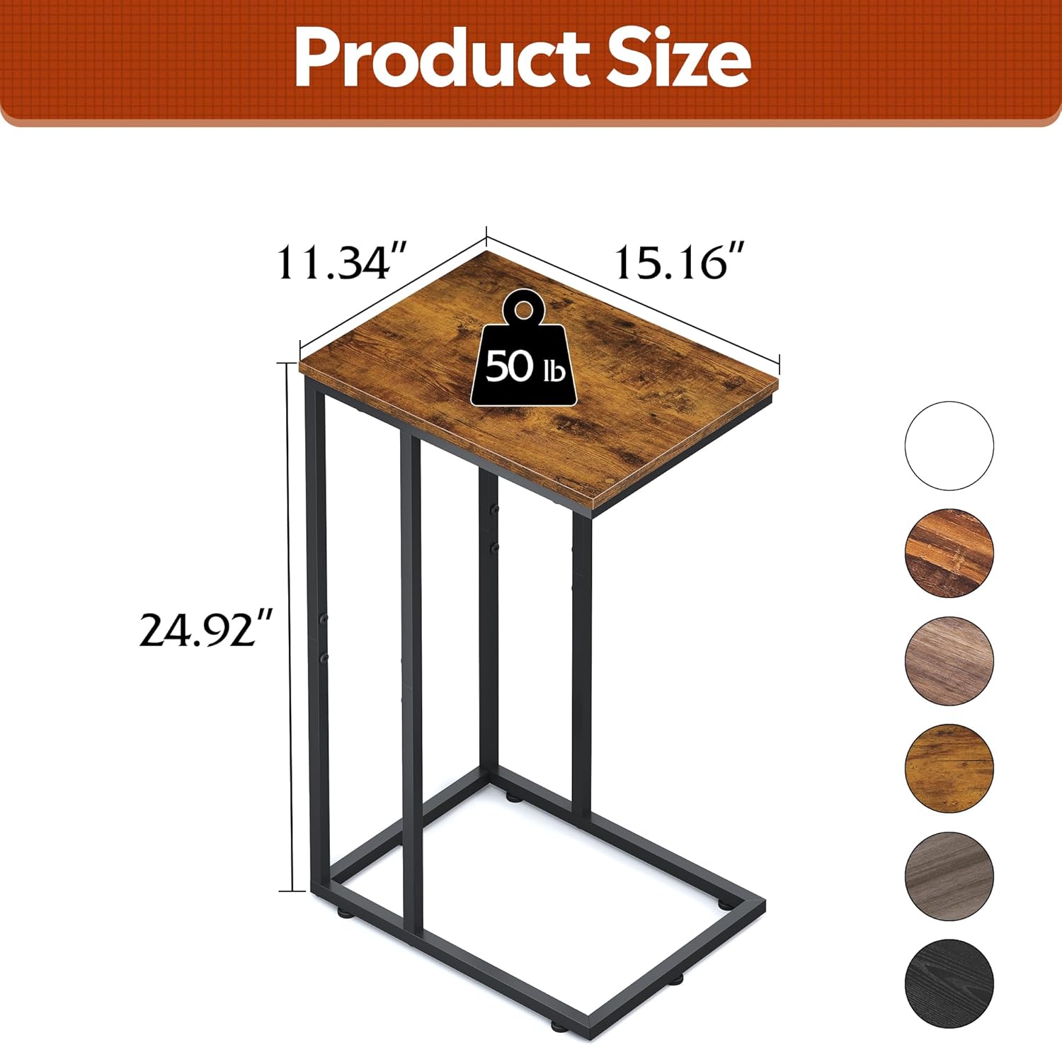 WLIVE C Shaped End Table, Small Side Table for Couch, Sofa, TV Tray C Table for Living Room, Bedroom, Home Office, Small Spaces, Rustic Brown