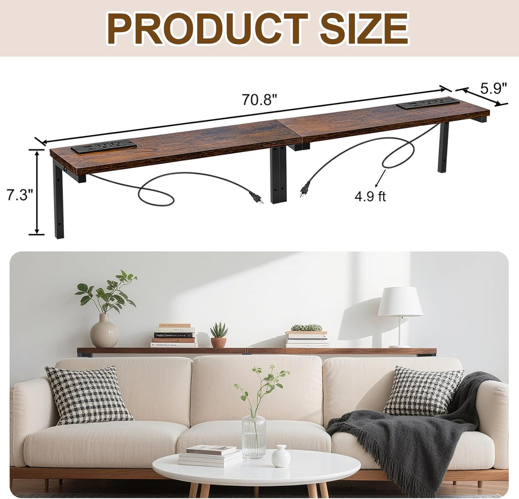70.8" Narrow Console Table with Outlet, 5.9" Sofa Table Behind Couch Wall Mounted, 2 Pack with 4 Power Outlets 4 USB-C Ports 4.9ft Cord for Entryway, Hallway, Living Room, Rustic Brown