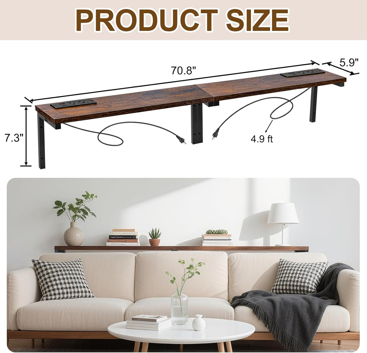 70.8" Narrow Console Table with Outlet, 5.9" Sofa Table Behind Couch Wall Mounted, 2 Pack with 4 Power Outlets 4 USB-C Ports 4.9ft Cord for Entryway, Hallway, Living Room, Rustic Brown