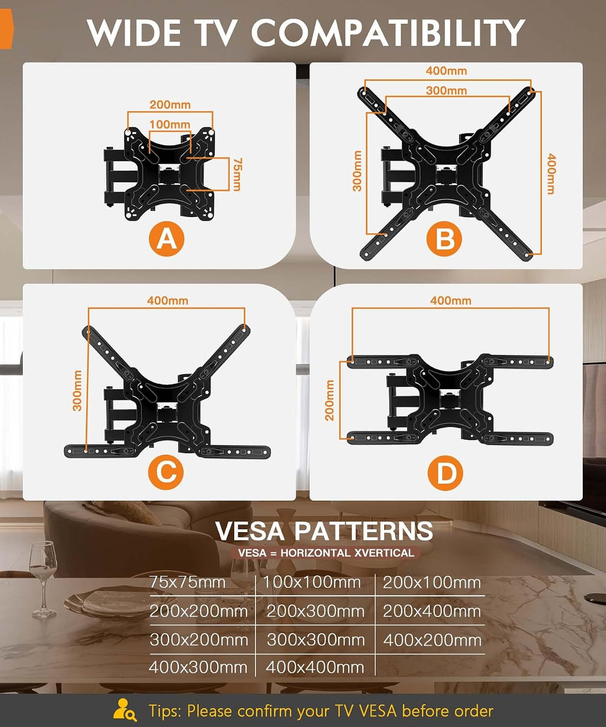 Full Motion Corner TV Wall Mount for 26-55 Inch TVs | TV Bracket with Tilt, Swivel and Articulating Arm. Fits Flat/Curved TVs, Single Stud Design, Max VESA 400x400mm, 77 lbs