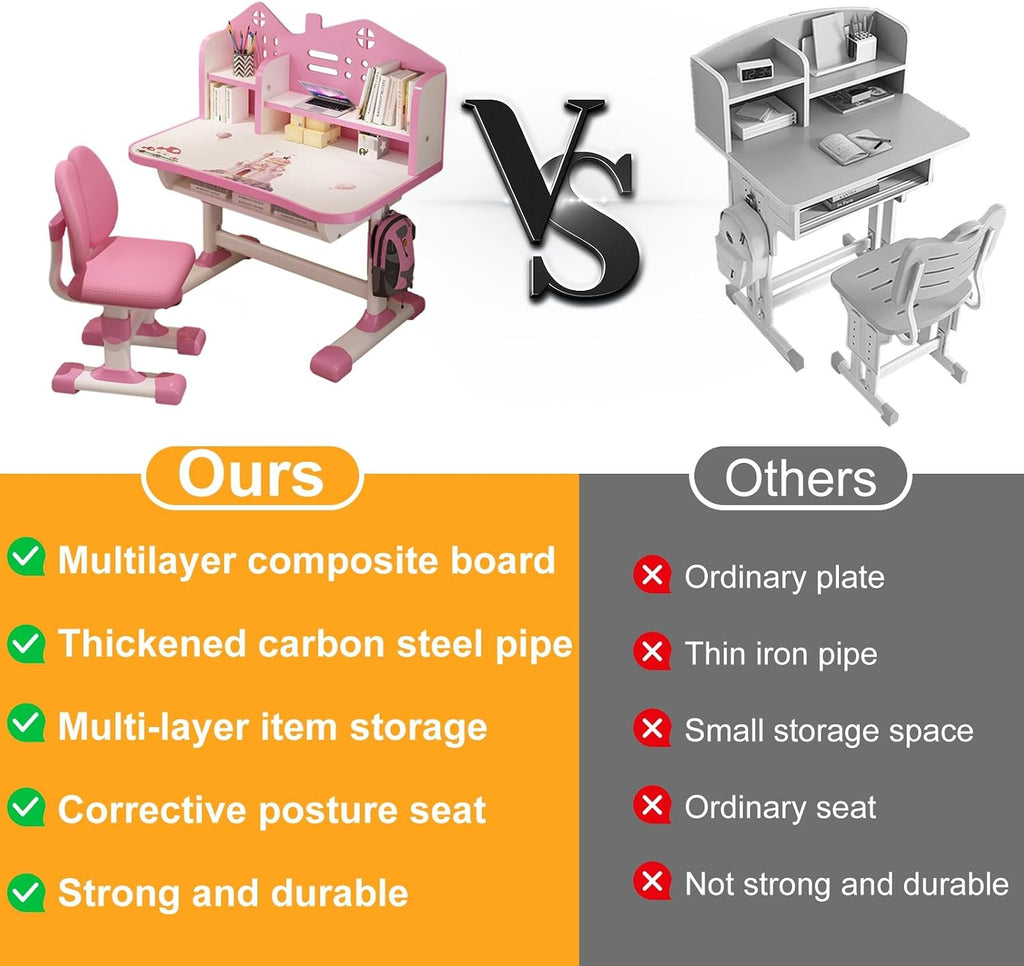 2-Piece Kids Adjustable Study Desk & Seat Set, Cartoon Print Widened Desktop with Storage Drawer Metal Frame for Homeschool Bedroom Playroom Pink