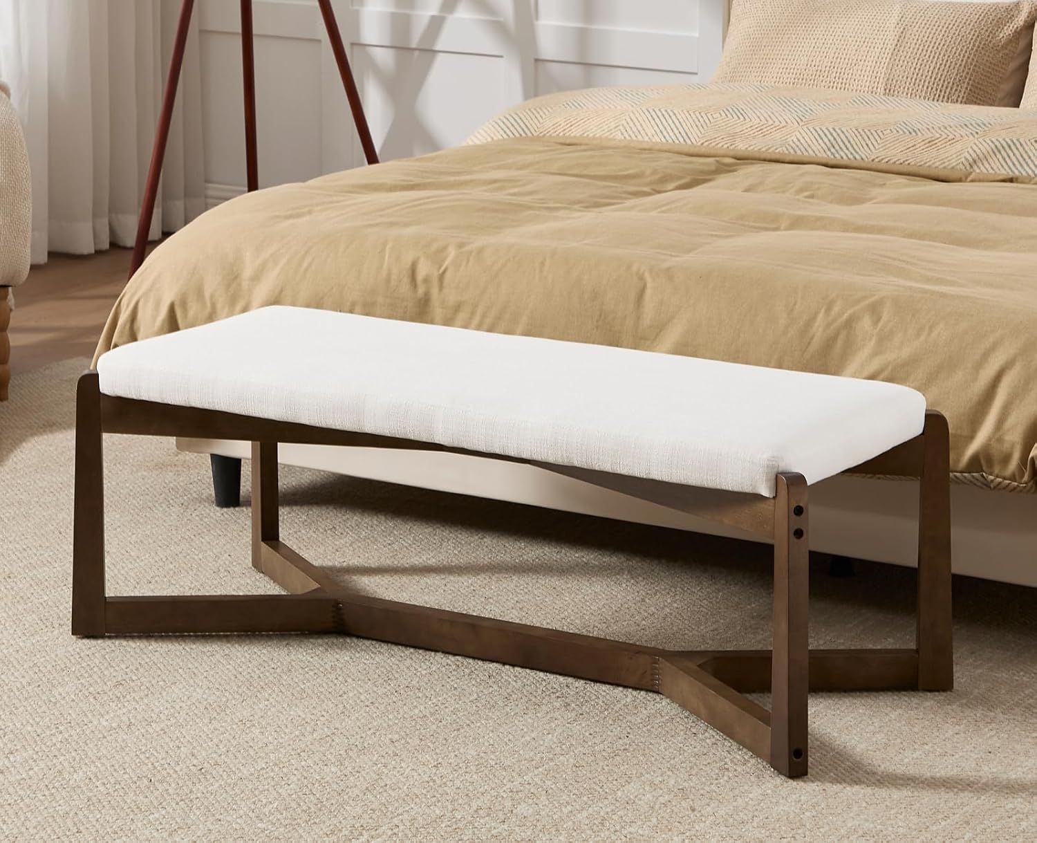 CIMOTA 49 Inch Modern Entryway Bench, Upholstered Bedroom Bench with Solid Wood Frame, Y-Shaped Foot, Comfy Ottoman for Bedroom End of Bed/Hallway/Living Room/Indoor, Linen Beige