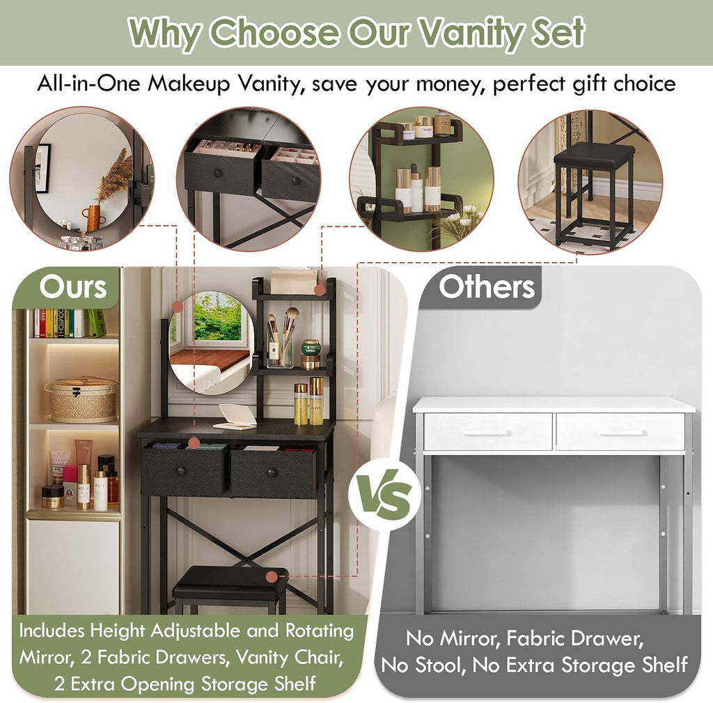 X-cosrack Small Black Makeup Vanity Desk 19.7''W with Adjustable Mirror and Chair, Space-Saving Vanity Table with 2 Fabric Drawers 2 Opening Shelves for Girls Gifts, Bedroom, Small Spaces, Black