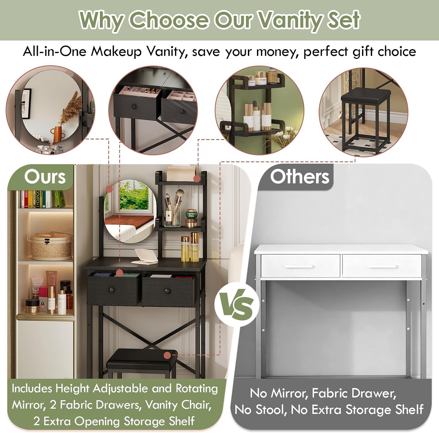 X-cosrack Small Black Makeup Vanity Desk 19.7''W with Adjustable Mirror and Chair, Space-Saving Vanity Table with 2 Fabric Drawers 2 Opening Shelves for Girls Gifts, Bedroom, Small Spaces, Black