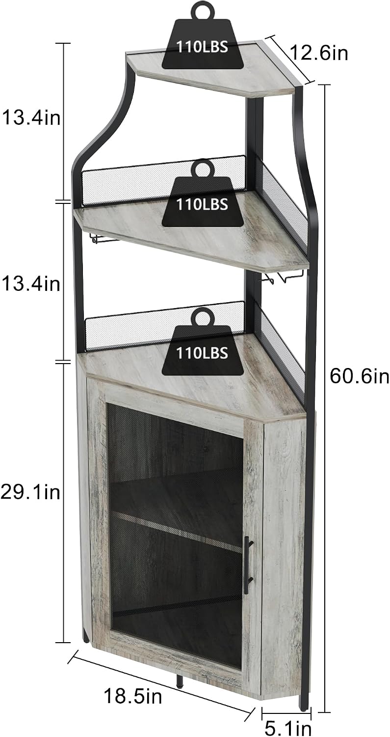 GAOMON Corner Bar Cabinet with LED Strip and Glass Holder, Industrial Wine Cabinet with Adjustble Shelf, 5-Tiers Liquor Cabinet Bar Cabinet for Home, Corner Display Cabinet for Small Space,Grey